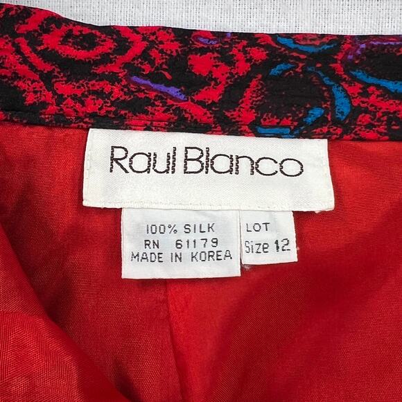 RAUL BLANCO Vintage 80s Silk Pencil Skirt 12 Red Multi Scrunch Ruched Printed - Picture 8 of 15